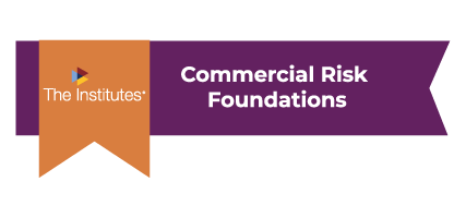 A purple badge with an orange ribbon and the words Commercial Risk Foundations