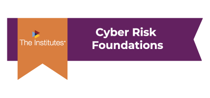 A purple badge with an orange ribbon and the words Cyber Risk Foundations 
