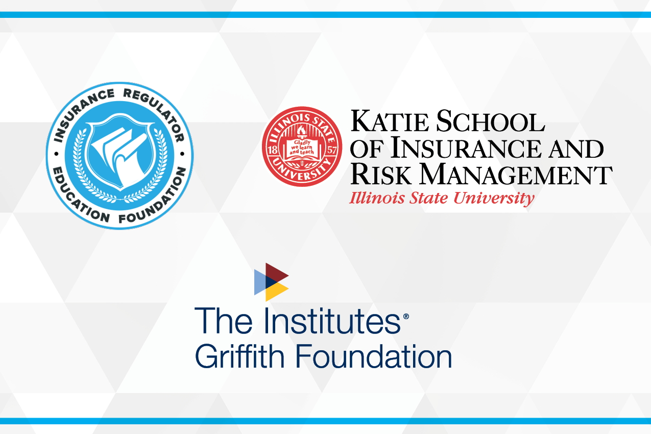 A background of light gray triangles with the three logos for IREF, The Katie School, and Griffith Foundation.