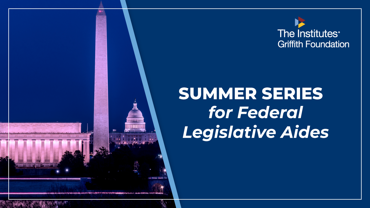 An image showing the National Mall at dusk and the words "Summer Series For Federal Legislative Aides"