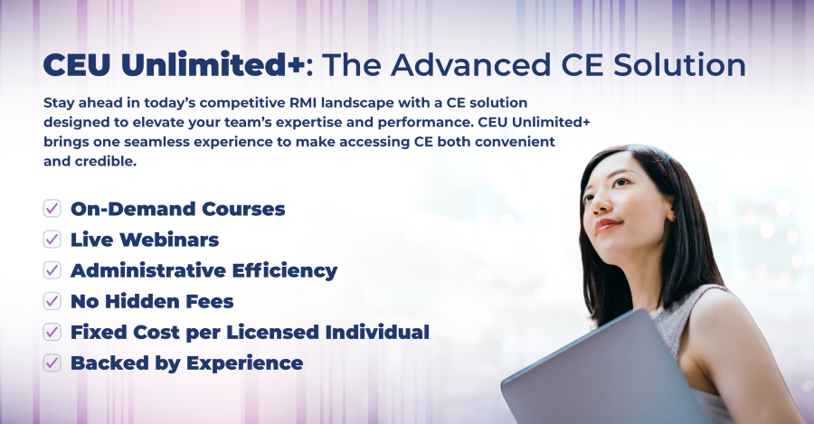 Professional woman holding a laptop, looking thoughtful, next to a promotional list of benefits for CEU Unlimited+, a continuing education solution offering on-demand courses, live webinars, and fixed-cost licensing.