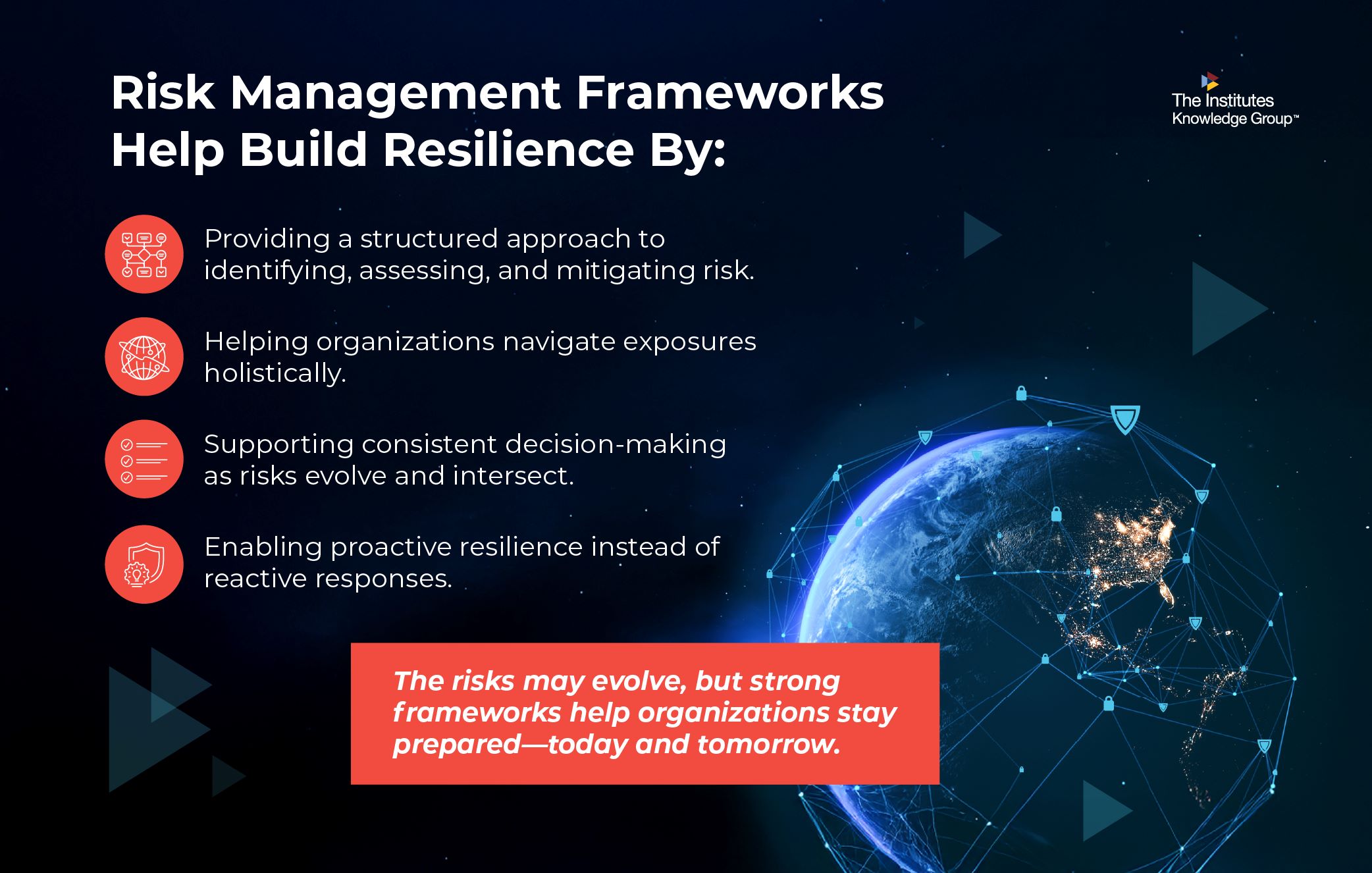 Infographic listing ways risk management frameworks build resilience, shown alongside a glowing digital globe connected by shield and lock icons representing cybersecurity and global risk networks.