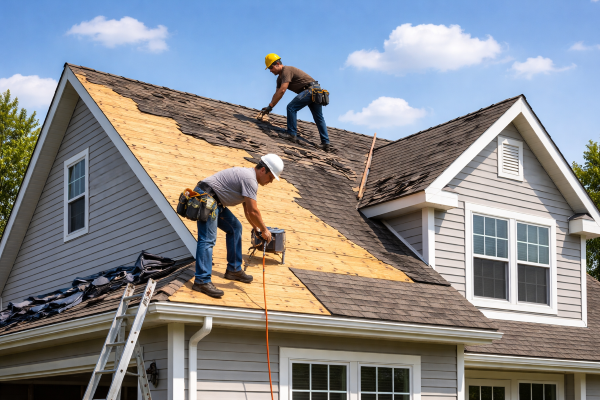 Workers repairing a roof on a house