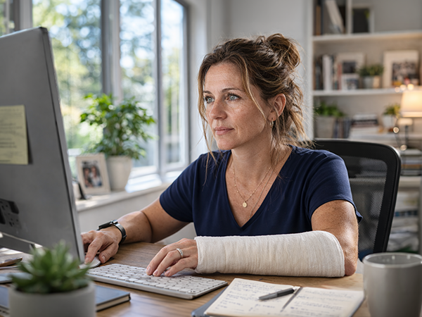 Woman with broken arm typing on computer