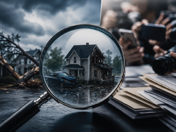 Magnifying glass focused on a storm-damaged home and vehicle