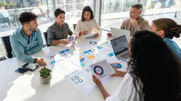 Group of professionals in a modern office sitting around a table covered with charts and reports, collaborating on data and business strategy.