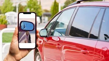 Image of person using phone to photograph a red car