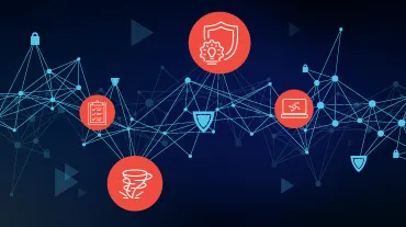 A connected digital network with icons representing disaster recovery, cybersecurity, planning, and data analytics, symbolizing elements of a risk management framework.