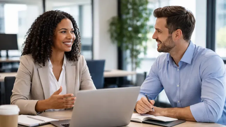 Professionally dressed man and woman talking while sitting at a table with a computer
