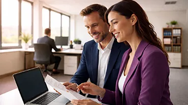 Woman and man in front of laptop reviewing paperwork.