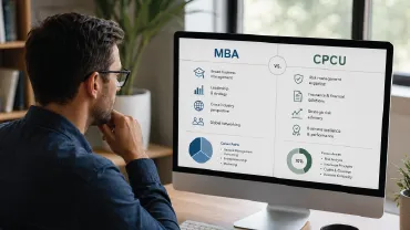 Man is looking at the computer monitor comparing CPCU vs MBA.