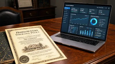 Homeowners insurance policy displayed next to a laptop showing insurance analytics and performance dashboard.