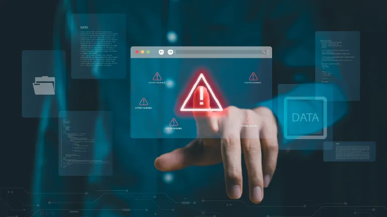Hand interacting with a digital warning alert surrounded by data and system notifications.