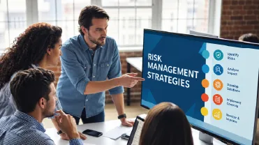 Three professionals in a meeting reviewing risk management strategies displayed on a computer screen.