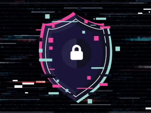 digital shield icon with a padlock in the center, surrounded by glitch effects and a dark background