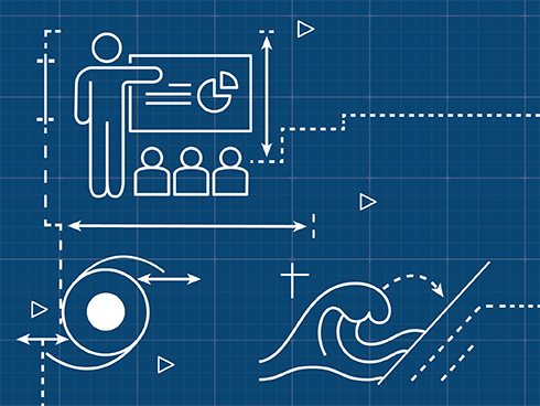 Blueprint-style illustration showing a person giving a presentation, a hurricane icon, and a wave with an upward trend line, symbolizing risk education and natural disaster analysis