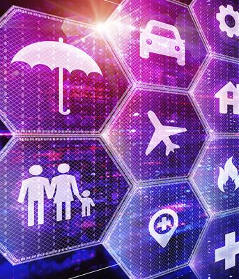 Conceptual Illustration showing glowing hexagons on a digital background with icons depicting common types of insurance: auto, fire, travel, home, etc.