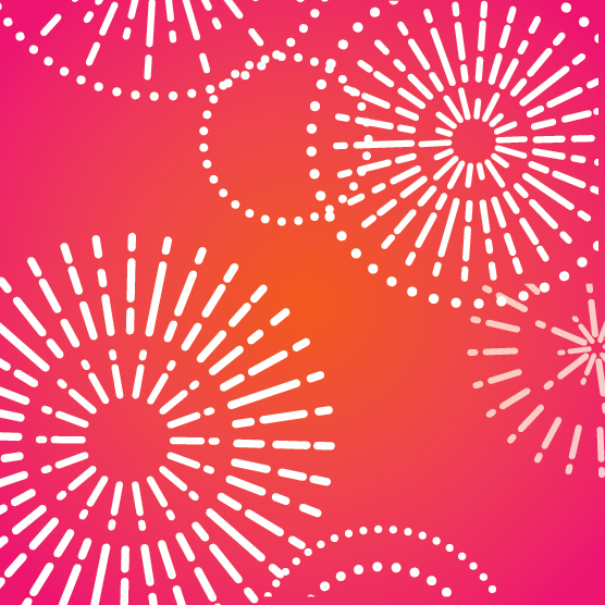 Pink and orange gradient background with white radial burst patterns