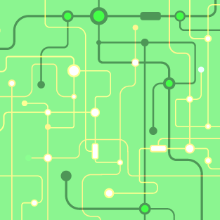 Green background with interconnected circuit-like lines and glowing nodes