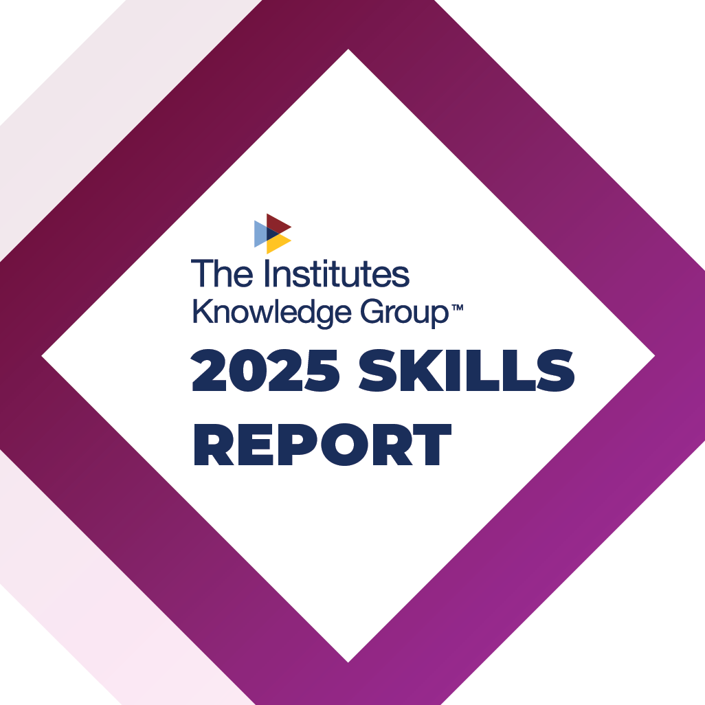 Diamond-shaped graphic with a purple gradient border, featuring the text 'The Institutes Knowledge Group™ 2025 Skills Report' in the center