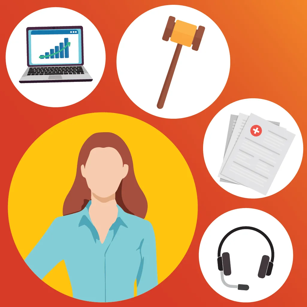 Illustration of a woman in a blue shirt surrounded by icons representing work tools: a laptop with a graph, a gavel, medical documents, and a headset, all on a red-orange background