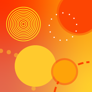 Red to orange gradient background with bright circular shapes and abstract dotted and ringed patterns