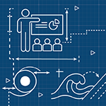White blueprint-style icon on a blue grid background showing a person presenting a pie chart to a group, a cyclone symbol, and a wave, representing risk education or disaster preparedness.