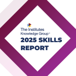 Diamond-shaped graphic with a purple gradient border, featuring the text 'The Institutes Knowledge Group™ 2025 Skills Report' in the center