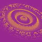 Abstract circular design in orange and yellow on a magenta background
