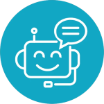 White line art of a smiling chatbot with a speech bubble on a teal circular background, representing an AI-powered assignment assistant.