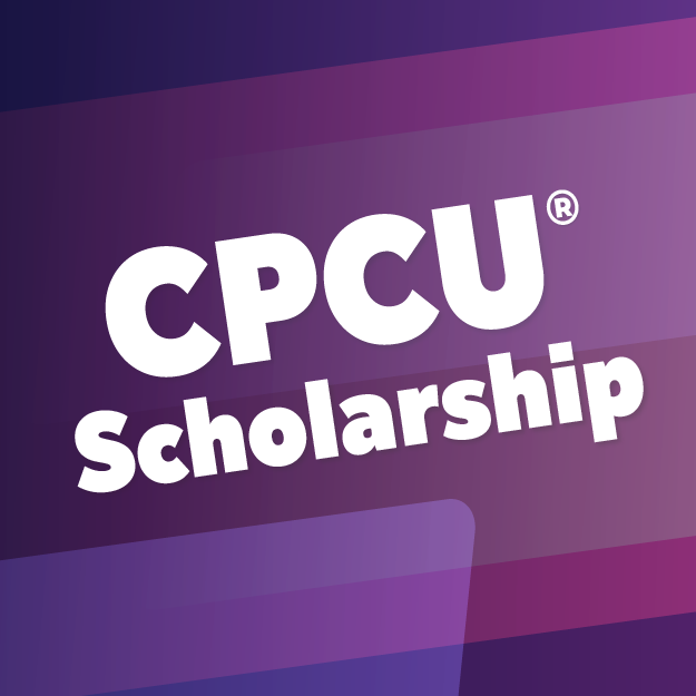 Purple square with CPCU Scholarship written inside.
