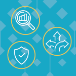 Teal background with icon of a shield, magnifying glass and arrows