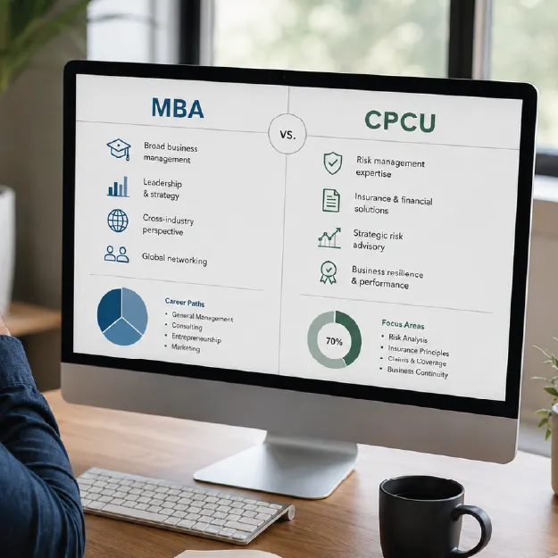 Computer screen with a web page comparing CPCU to MBA