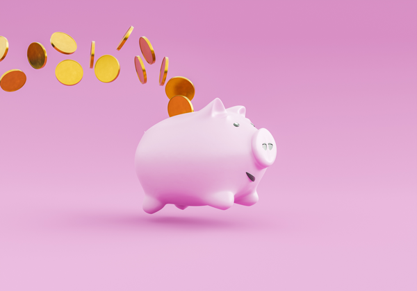 A happy piggy bank prances and jumps with coins showering out of it.