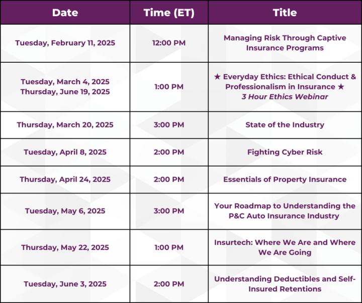 A listing in a purple table of the CEU webinars that will be on offer in Spring 2025