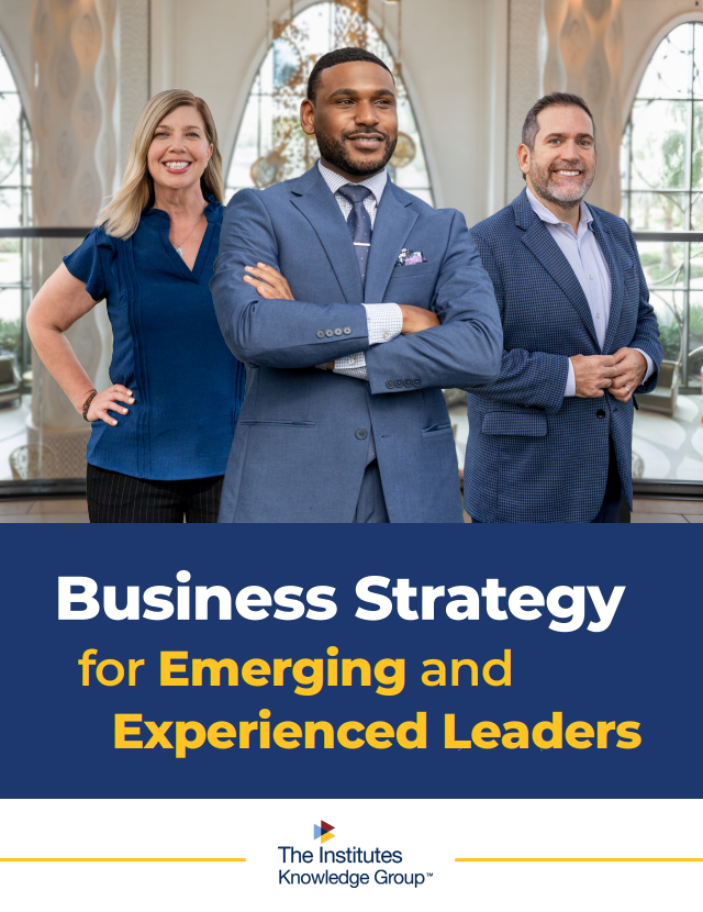 Professionals stand united under the banner of "Business Strategy for Emerging and Experienced Leaders," reflecting growth, collaboration, and leadership development.