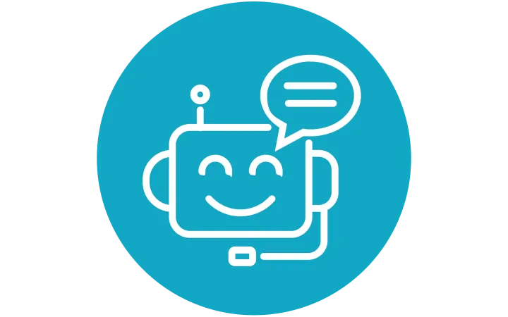Smiling chatbot icon wearing a headset, with a speech bubble, on a blue circular background