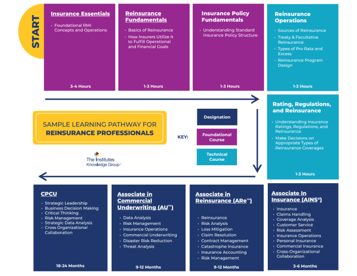 Colorful career pathway chart showing a sequence of foundational, technical, leadership, and designation courses related to reinsurance, including course titles, topics, and estimated time commitments.