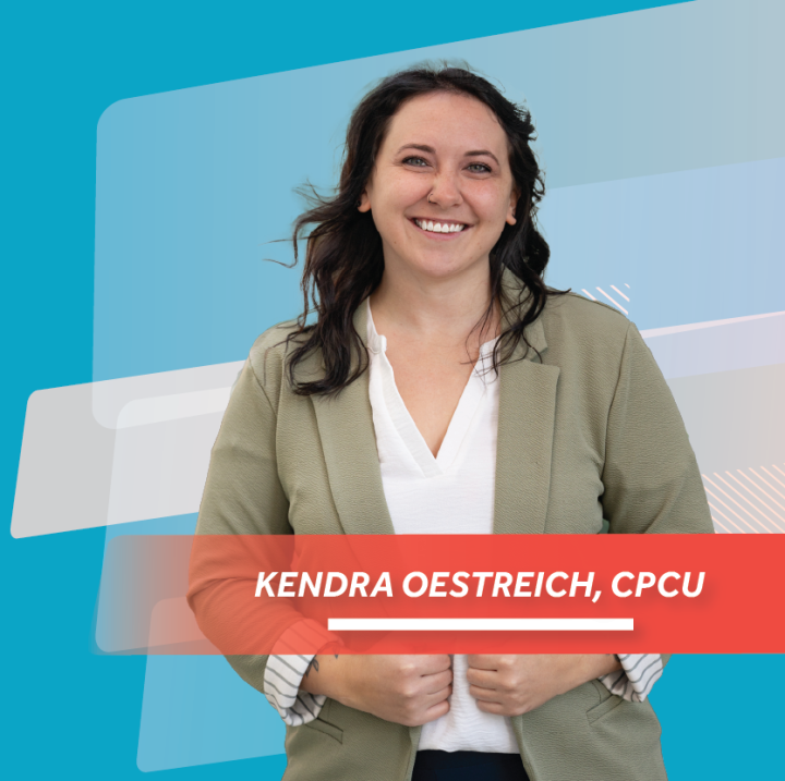 Smiling woman standing confidently in front of a modern abstract background, labeled “Kendra Oestreich, CPCU."