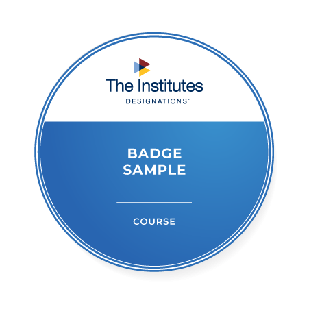 The Institutes sample course credential badge featuring a circular blue design.