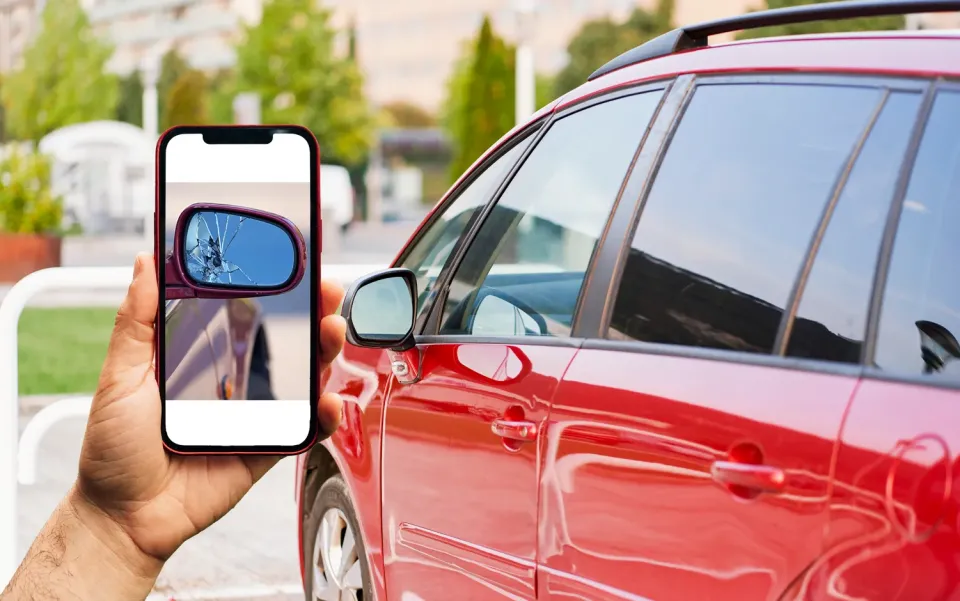 Image of person using phone to photograph a red car