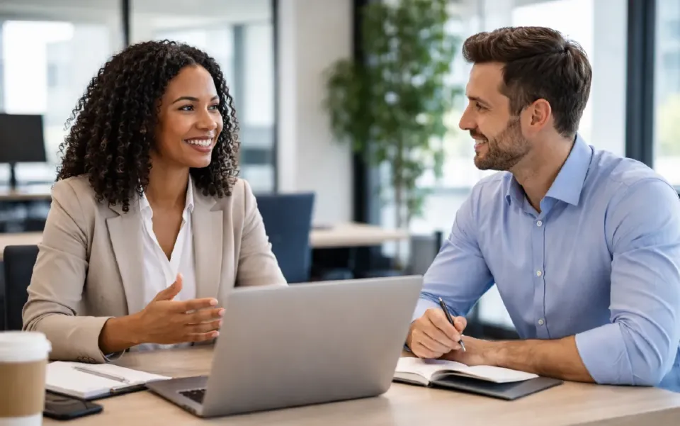 Professionally dressed woman on a laptop sitting at a table speaking to a professionally dressed man.