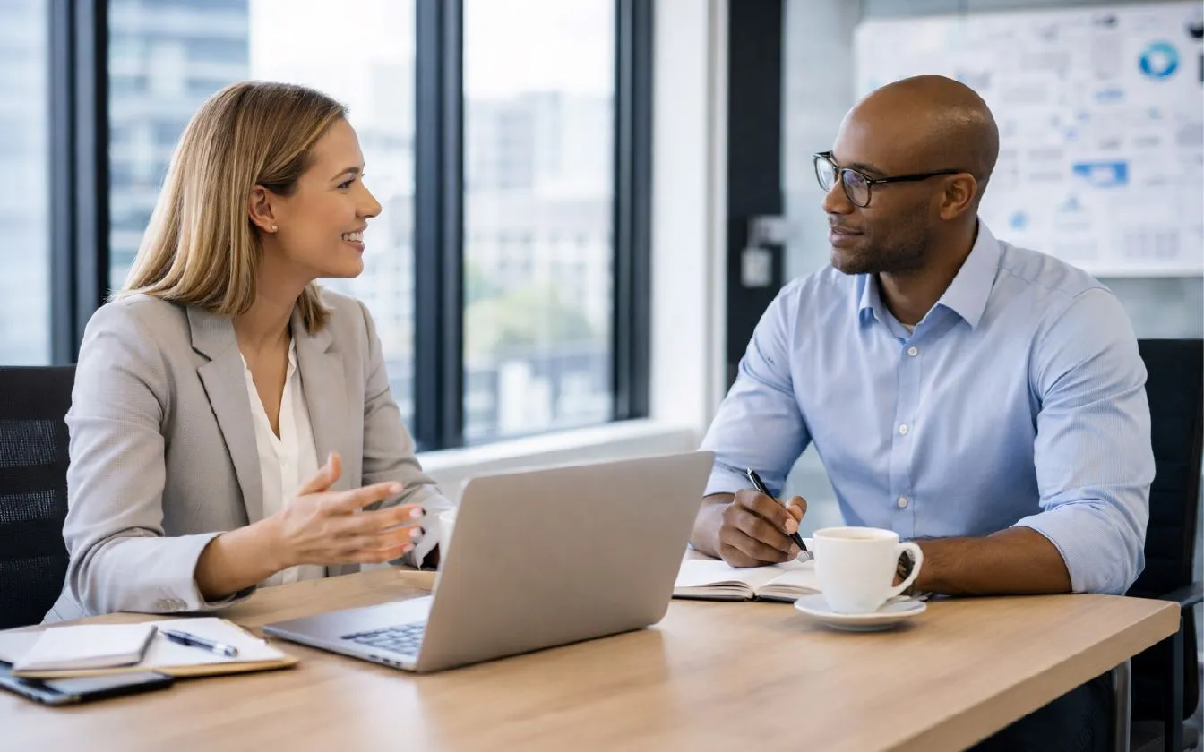 Professionally dressed woman on a laptop sitting at a table speaking to a professionally dressed man with coffee.