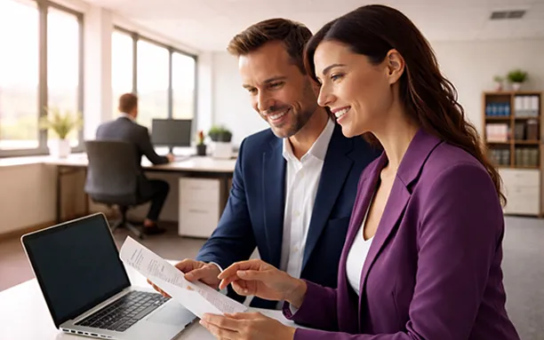 Woman and man in front of laptop reviewing paperwork.