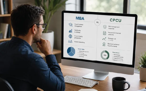 Man is looking at the computer monitor comparing CPCU vs MBA.