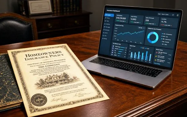 Homeowners insurance policy displayed next to a laptop showing insurance analytics and performance dashboard.