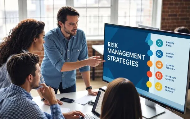 Three professionals in a meeting reviewing risk management strategies displayed on a computer screen.